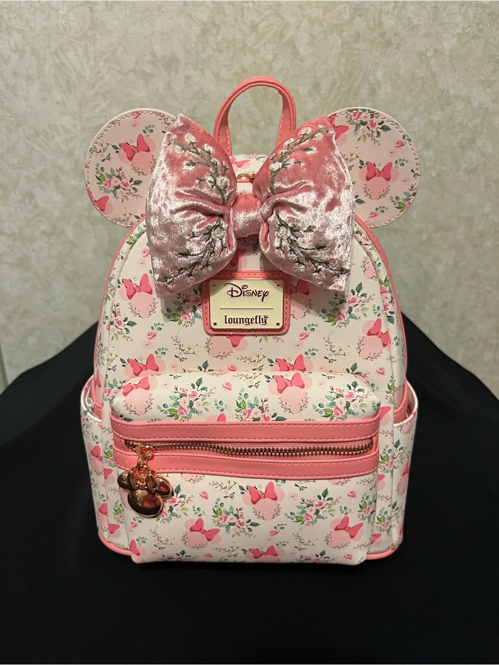Loungefly Pink Floral Minnie Ears Mini Backpack with Velvet Bow